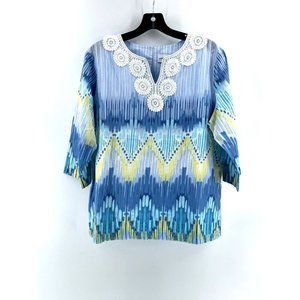 Alfred Dunner Women's Crochet V Neck Geometric Print Blouse Shirt Top Size 14